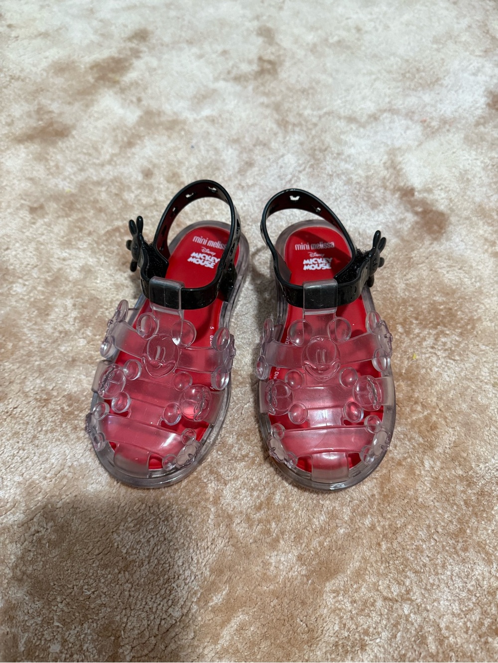 Mini Melissa Clear Jelly Sandals with Red Insole and Black Strap